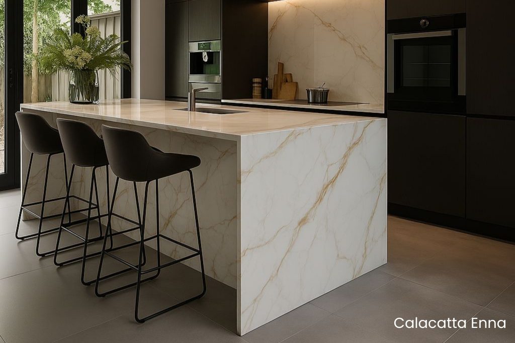 Superficie arquitectónica de lujo en piedra técnica sinterizada instalada en cocina contemporánea