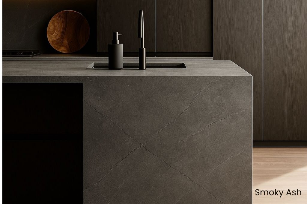 Superficie arquitectónica de lujo en piedra técnica sinterizada instalada en cocina contemporánea