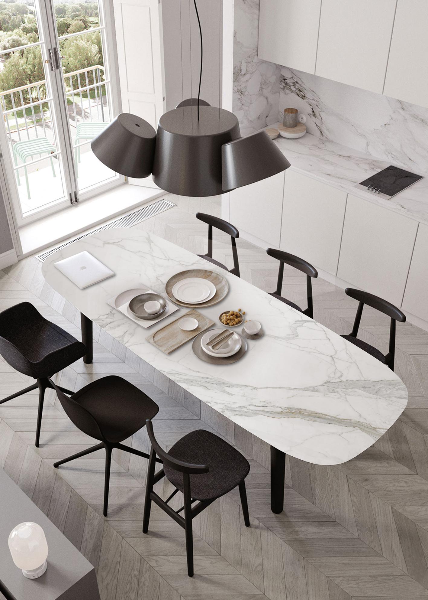 Superficie de lujo en piedra técnica sinterizada aplicada en mesa de diseño contemporáneo