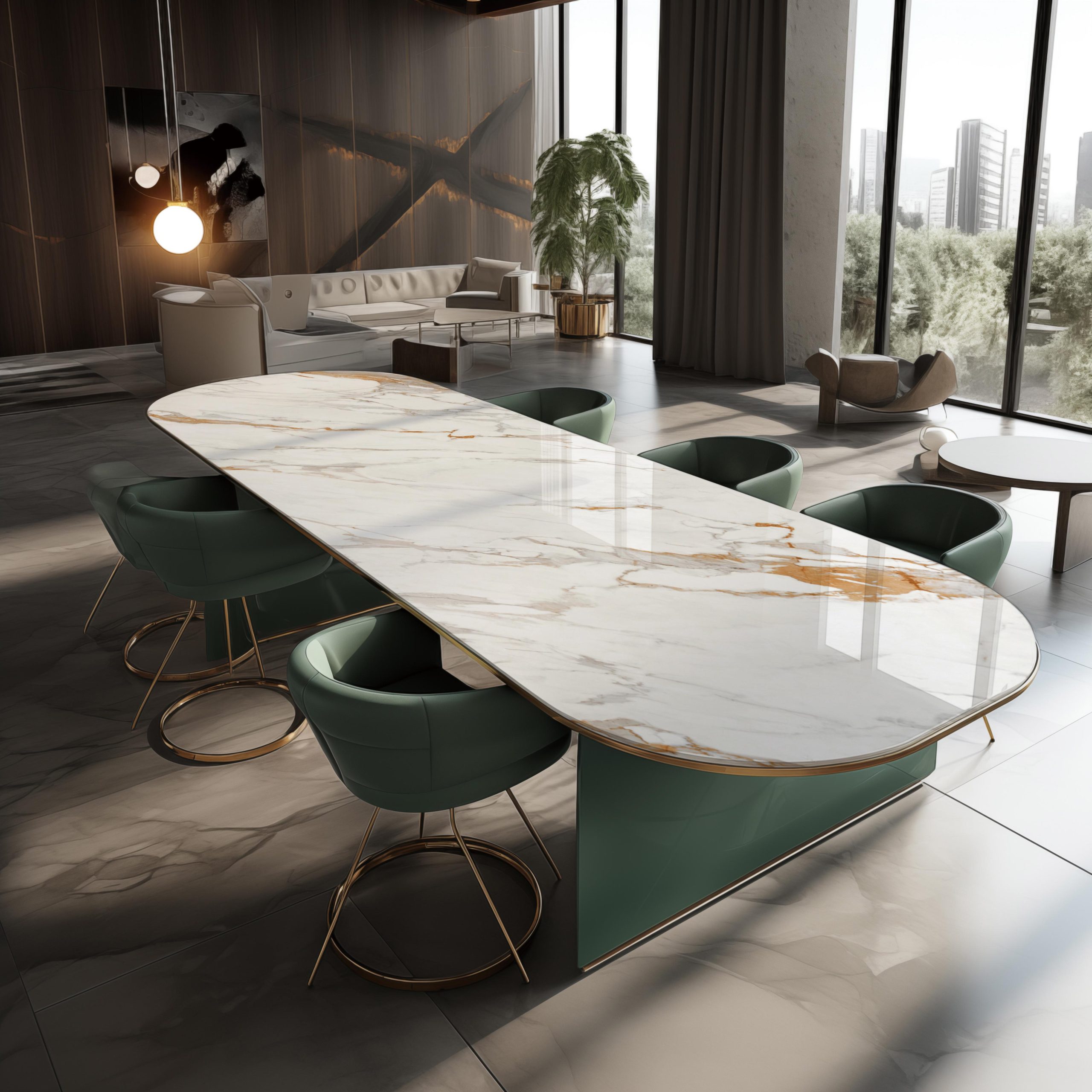 Mobiliario contemporáneo con superficie arquitectónica de lujo Roccia en gran formato.