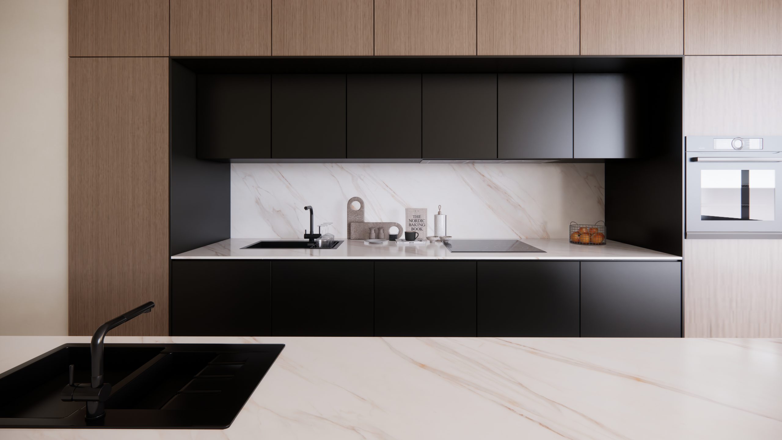 Superficie arquitectónica de lujo en piedra técnica sinterizada instalada en cocina contemporánea