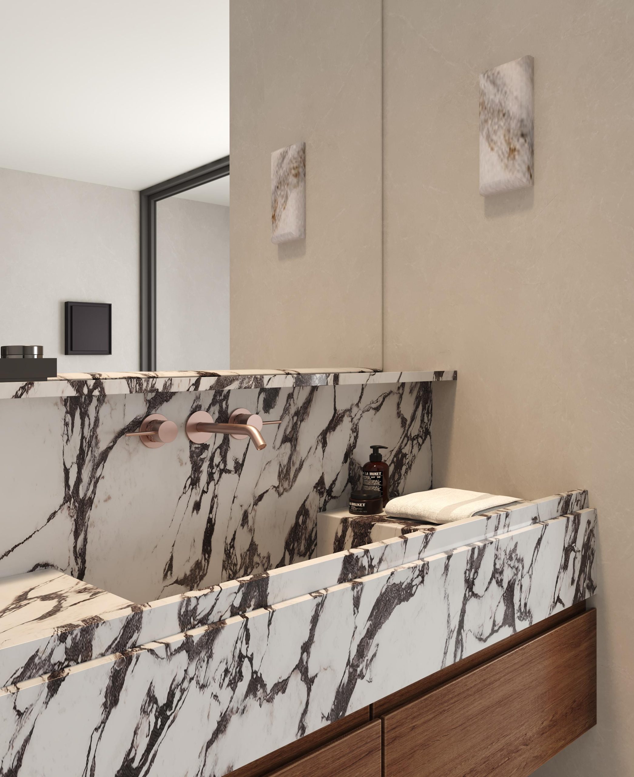 Superficie arquitectónica de lujo en piedra técnica sinterizada instalada en baño minimalista