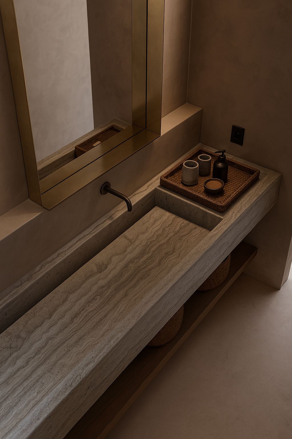 Superficie arquitectónica de lujo en piedra técnica sinterizada instalada en baño minimalista