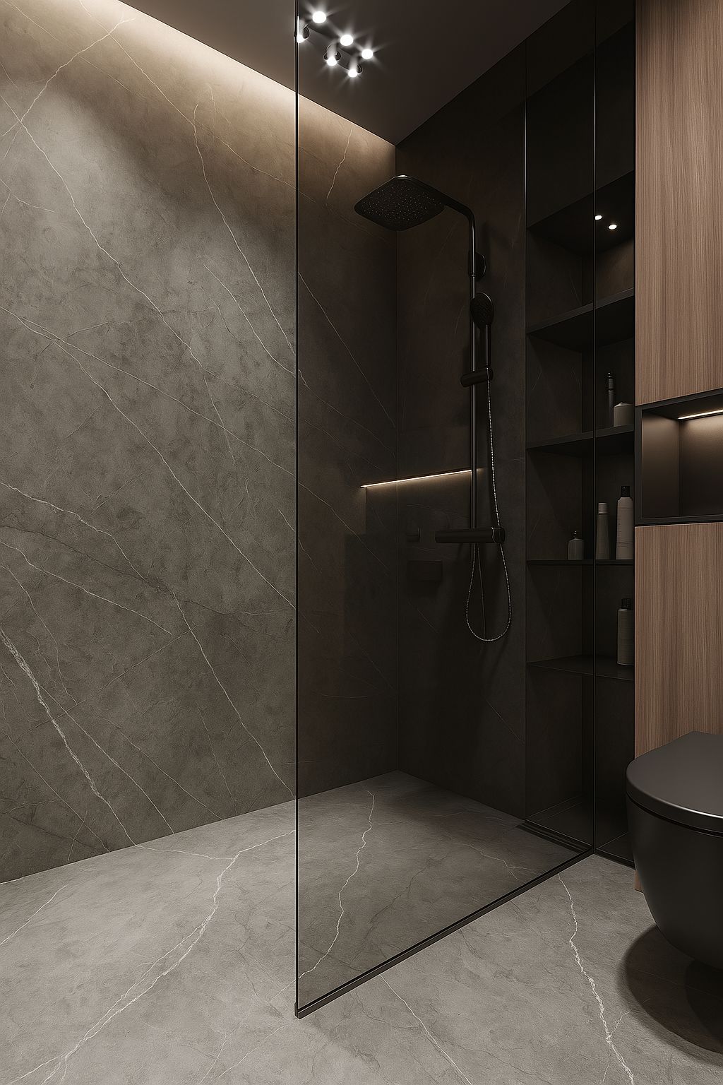 Superficie arquitectónica de lujo en piedra técnica sinterizada instalada en baño minimalista