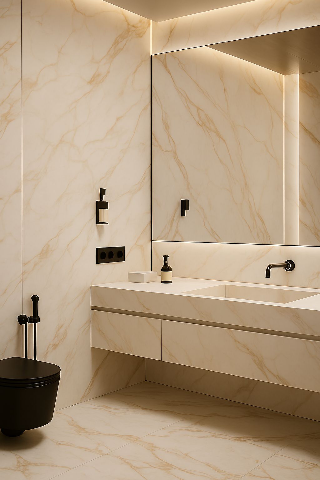 Superficie arquitectónica de lujo en piedra técnica sinterizada instalada en baño minimalista