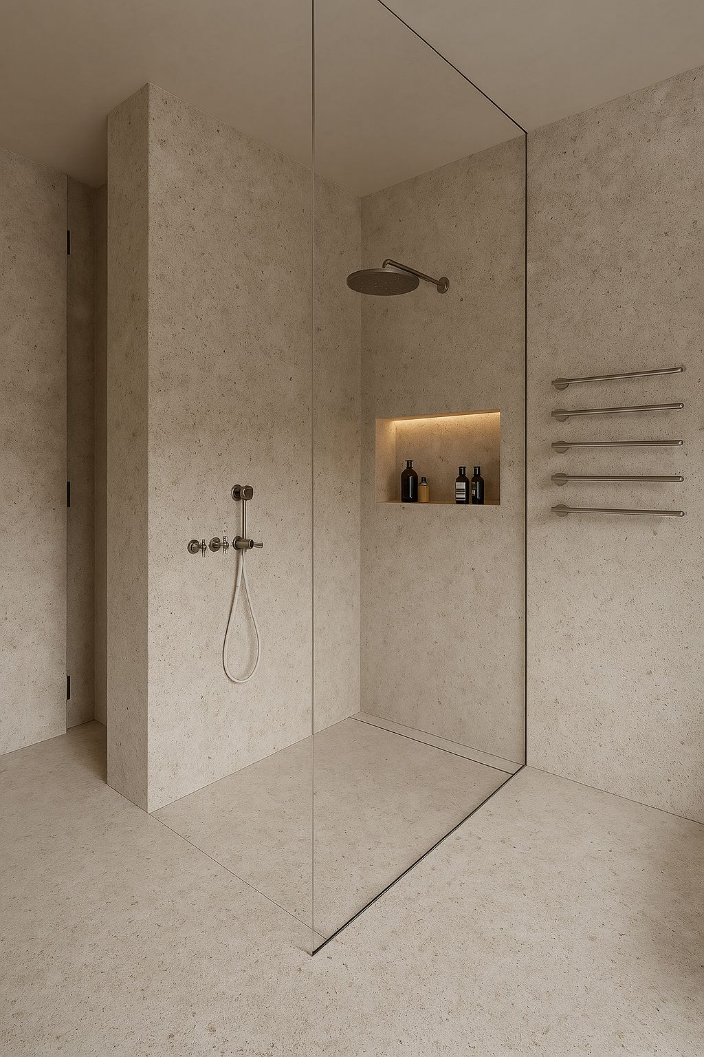 Superficie arquitectónica de lujo en piedra técnica sinterizada instalada en baño minimalista